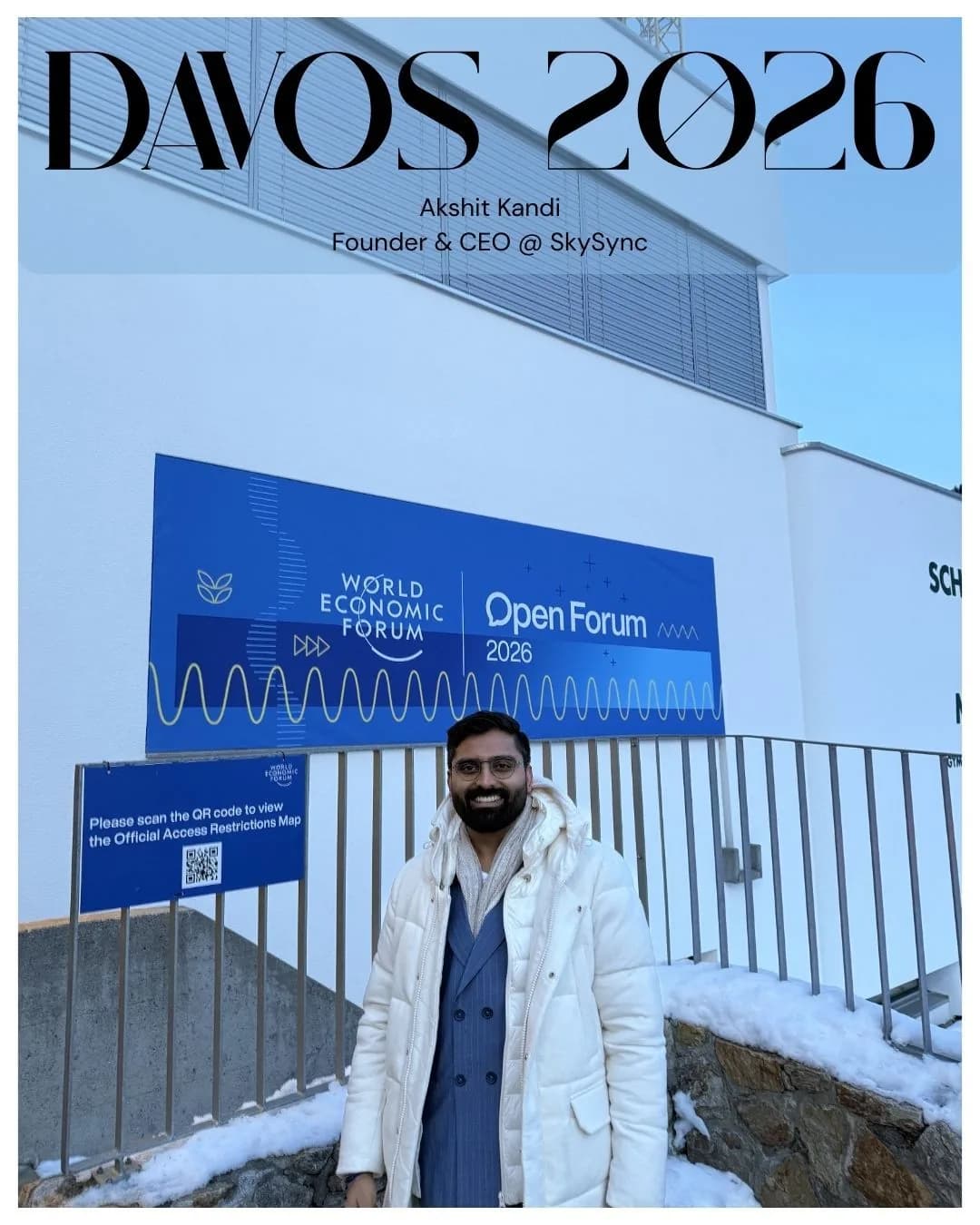 Akshit Kandi at the World Economic Forum Open Forum sign, Davos 2026